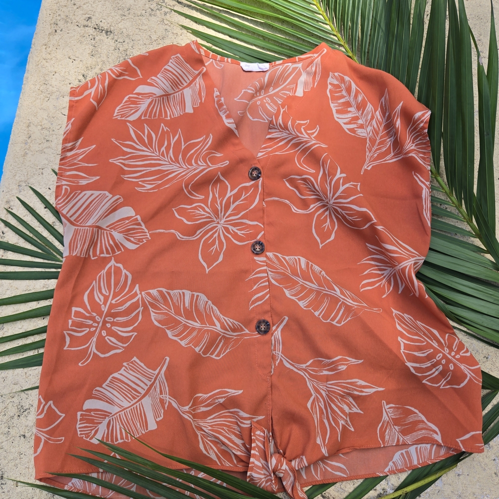 Sienna Sky Coral Leaf Print Button-Down Shirt